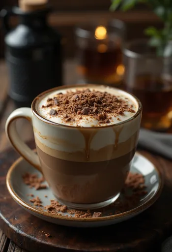 Honning- og sjokoladelatte kremet kaffedrikk pyntet med pisket krem og sjokoladespon