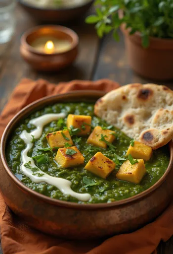 Palak Paneer med Garam Masala, en indisk rett i rik spinatsaus og med krydrede paneer-terninger