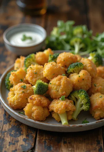 Sprø panert brokkoli stekt gyllenbrun, servert på en tallerken med sitronskiver.