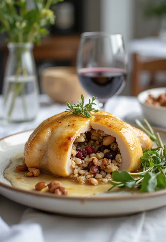 Stuffed quail with wild rice servert på en tallerken