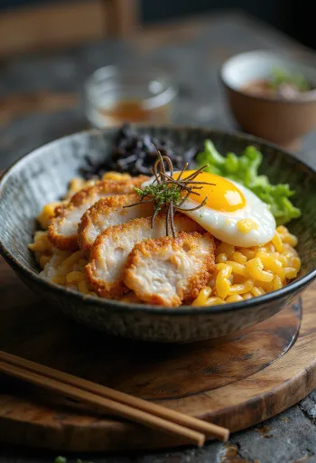 Katsudon fylt med syltet takuan-reddik servert med sprø kylling og friske grønnsaker