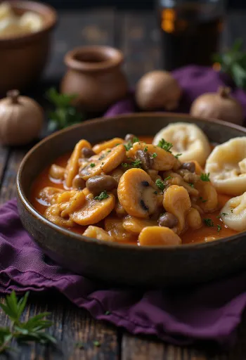Soppgryte med rømme, servert med myk pasta