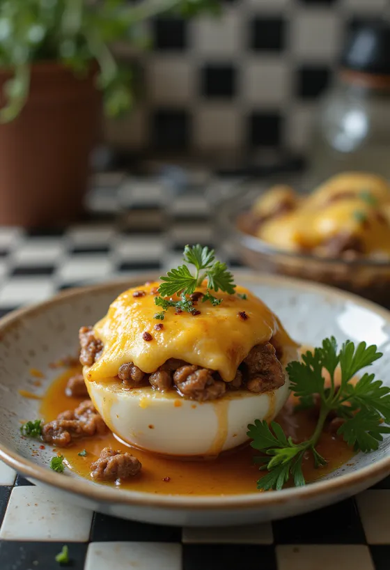 Fylt aubergine med sprø ost på toppen, drysset med friske urter