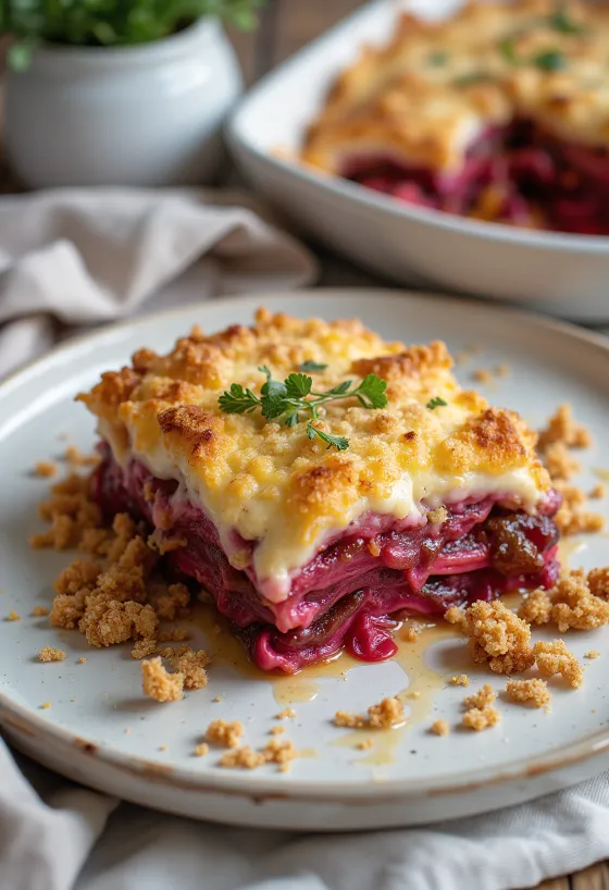 Vegansk moussaka med aubergine og rødbeter