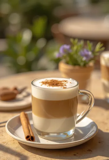 Kanel- og myntelatte kaffedrikk pyntet med kanelstang og mynte