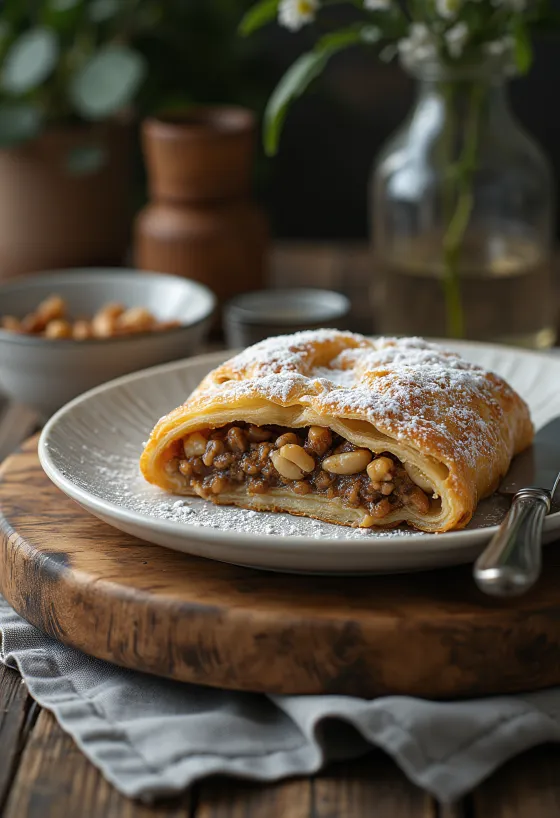 Strudel med valmuefrø og valnøtter servert