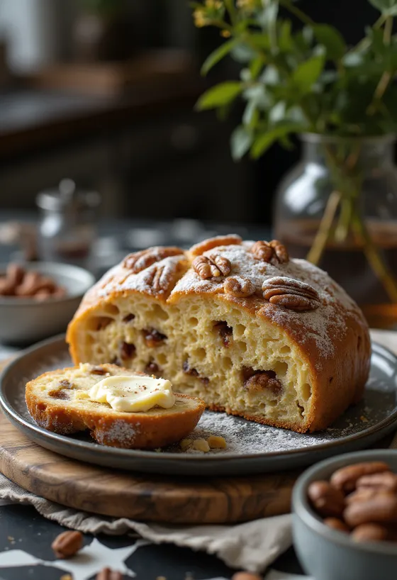 Pekan- og kardemommestollen i skiver, drysset med melis