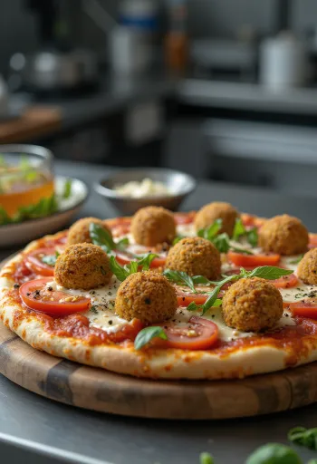 Falafelpizza med stekte kikerterboller og tahinidressing