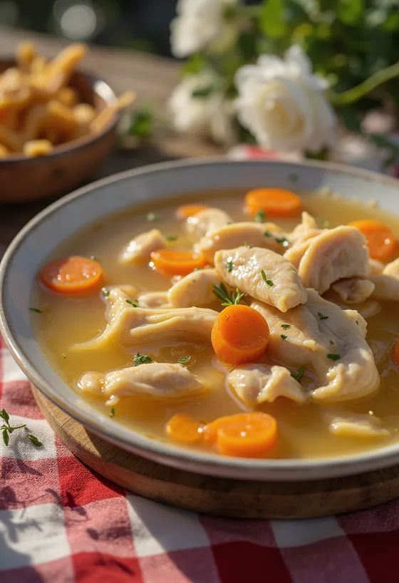 Varm kyllingsuppe med grønnsaker og tynn pasta