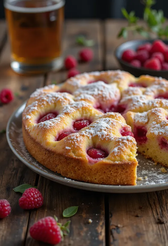 Bringebærkake servert