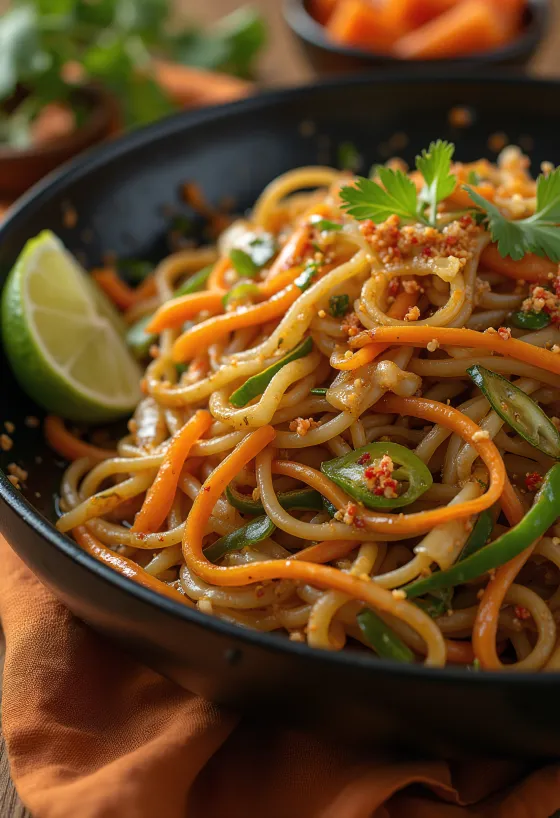 Mee goreng med grønnsaker i en skål, asiatiske nudler med soyasaus og sprø grønnsaker
