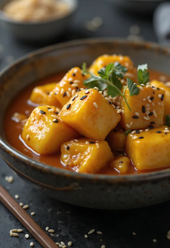 Auberginegryte med sesam servert
