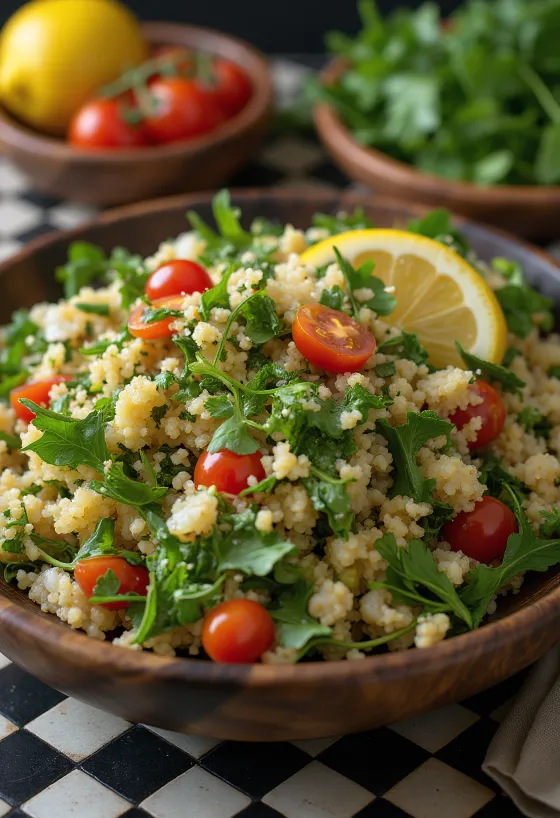Tabbouleh med sitron, servert med friske grønnsaker