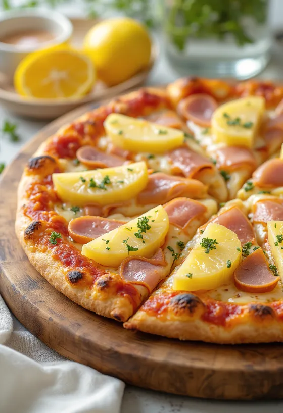 Vegansk Pizza Hawaii med planteost og vegansk \'skinke\' servert