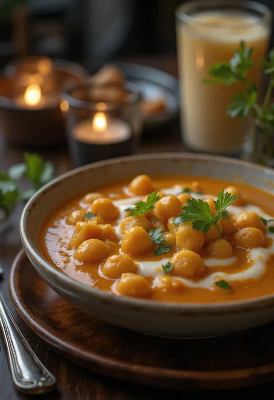 Chana Masala med kokosmelk, pyntet med frisk koriander