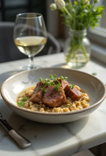 Elarji med bazhe-saus, kremet viltkjøtt servert med persille