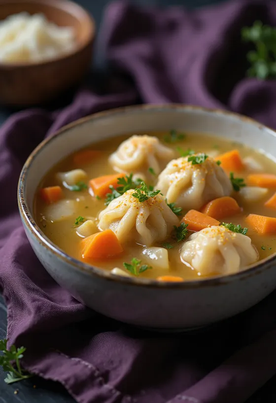 Varm bollesuppe med grønnsaker og myke hjemmelagde boller, servert i en dyp tallerken.