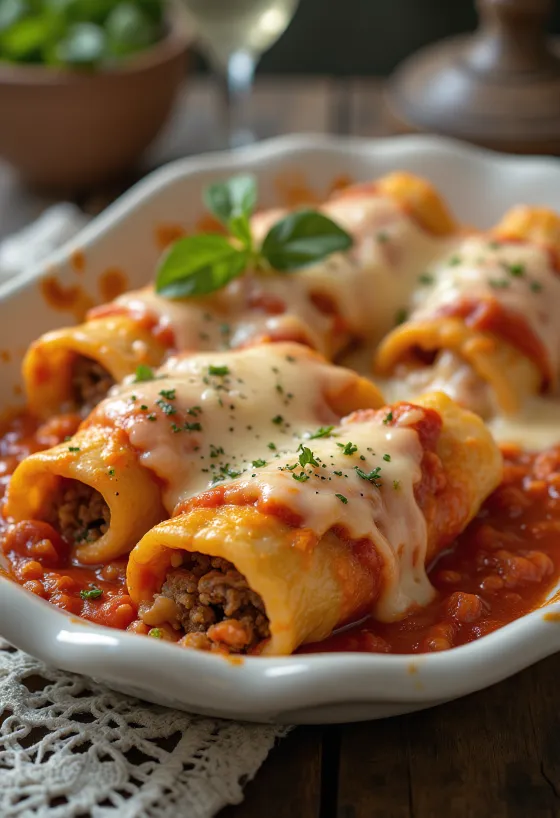 Cannelloni med kjøttfyll servert med tomatsaus og smeltet ost
