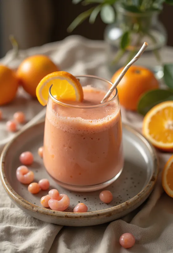 Appelsin- og hylleblomstsmoothie i glass, pyntet med frisk hylleblomst