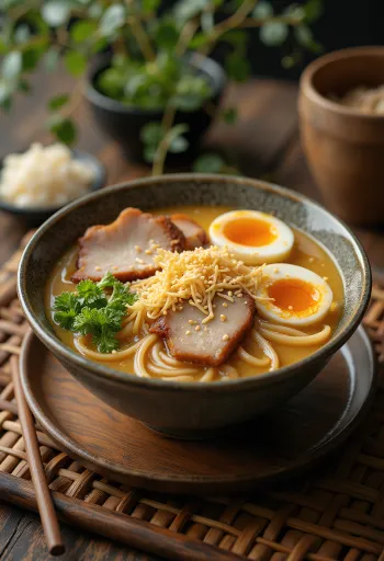 Sesame ramen med tahini, chashu kjøtt og kokt egg, servert med vårløk