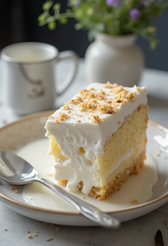 Tres leches klassisk, sukkerbrød dynket i melk på hvit tallerken