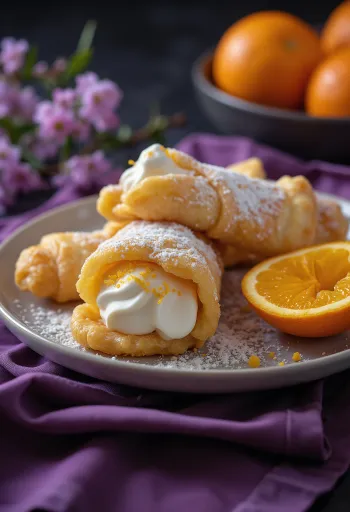 Cannoli fylt med ricottakrem smaksatt med appelsinblomstvann, med sprøtt skall