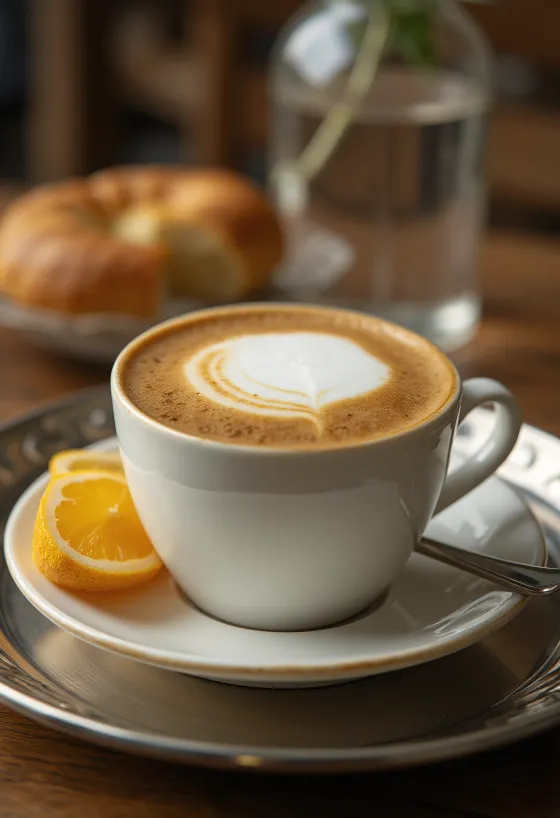 Kanel- og ingefærlatte kaffedrikk pyntet med kanelstang og ingefær