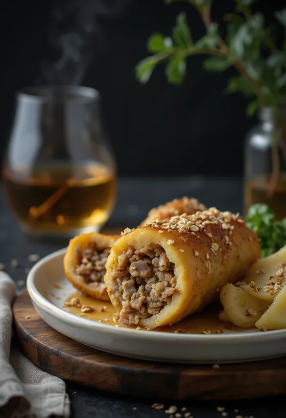 Haggis servert med kokte poteter og kålrot