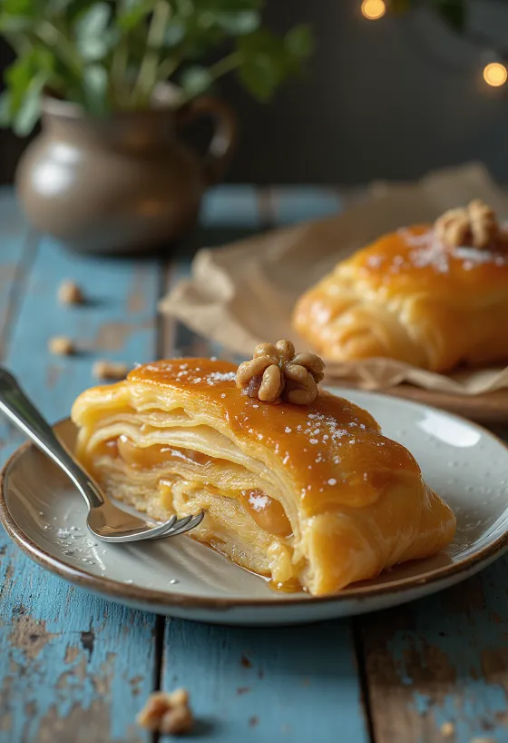 Honningstrudel servert