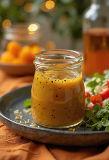 Balsamico-dressing med honning og sennep servert i en skål.