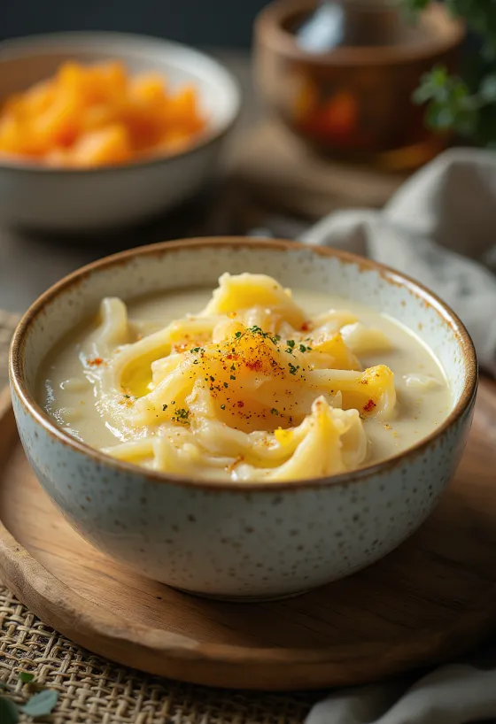 Kremet squashstuing med dill og rømme, servert med ferske rundstykker.
