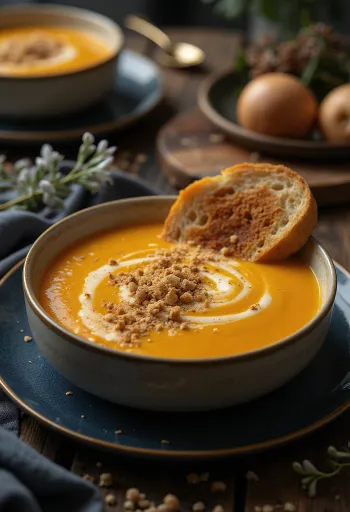 Kremet gresskarsuppe servert med ristede gresskarkjerner og frisk persille