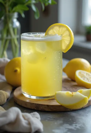 Eple- og sitronjuice i høyt glass, pyntet med ferske eple- og sitronskiver