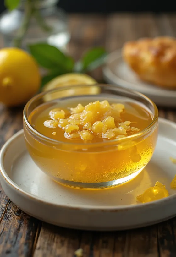 Glasering med honning, sitron og ingefær i en skål, pyntet med sitronskiver og ingefær.