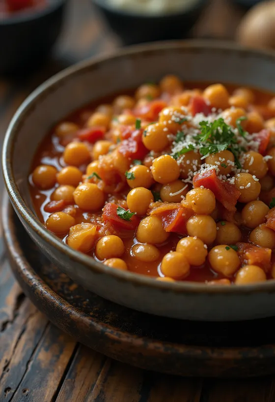 Kikertgryte i tomatsaus servert
