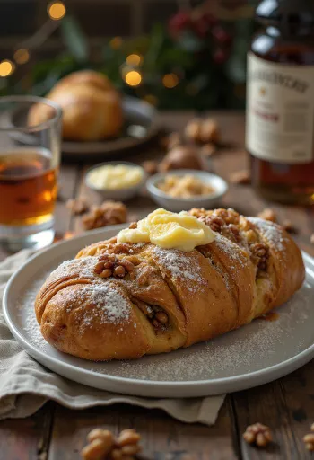 Rom- og valnøttstollen i skiver, drysset med melis