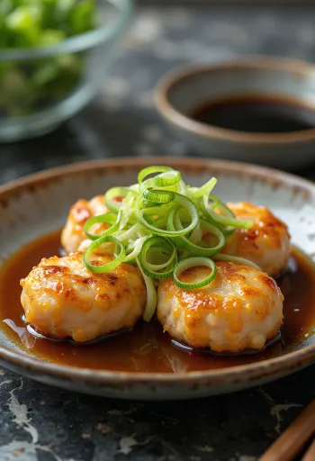 Tsukune servert med tofu, japanske boller, med vårløk og stekt løk.