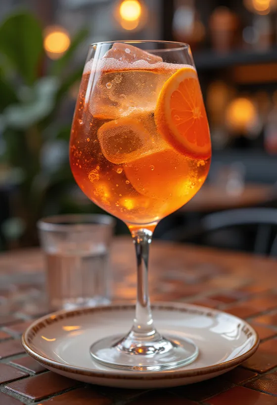 Aperol Spritz pyntet med appelsinskive og isbiter