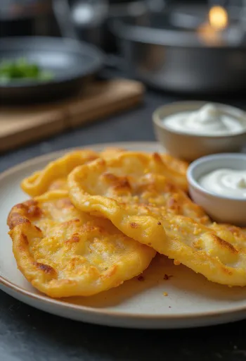 Gyllenbrun stekt lángos med potet servert med hvitløksrømme og revet ost.