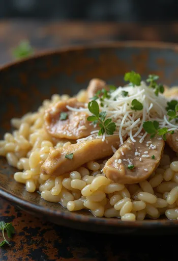 Risotto med kyllinglever servert med parmesan og persille