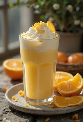 Appelsin- og vaniljefrappé kremet kaffedrikk pyntet med pisket krem og appelsinskall