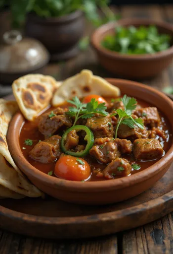 Saji med storfekjøtt, servert med frisk koriander