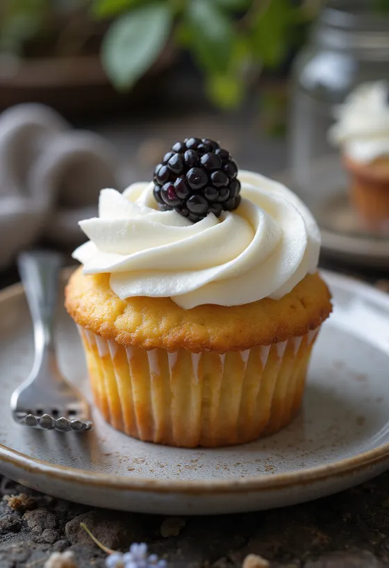 Bjørnebærcupcakes servert