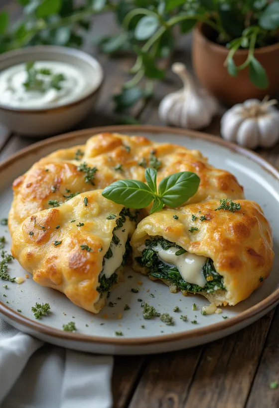 Tiganopsomo med feta og spinat, gyllenbrun sprø rett servert