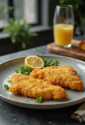 Sprø Wienerschnitzel servert med sitron og persillepoteter