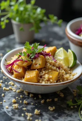 Quinoakarri med rødbete og limetofu servert på tallerken