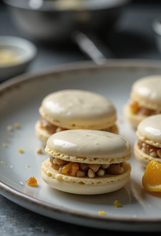 Macarons med valnøtter og kandisert appelsin servert