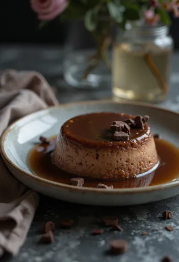 Flan med sjokolade, servert med karamellsaus