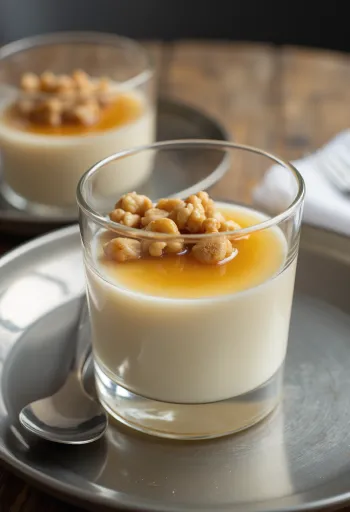 Panna cotta med honning og valnøtter servert
