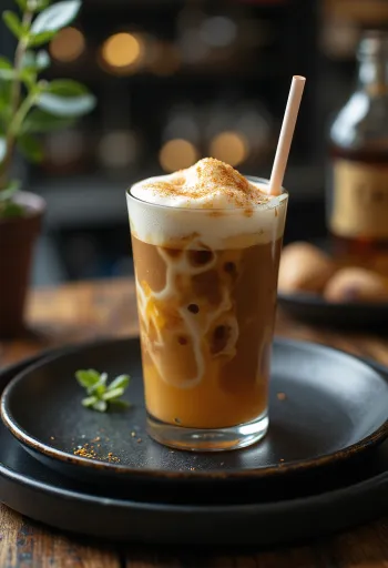 Honning- og romfrappé kremet kaffedrikk pyntet med pisket krem og kanel